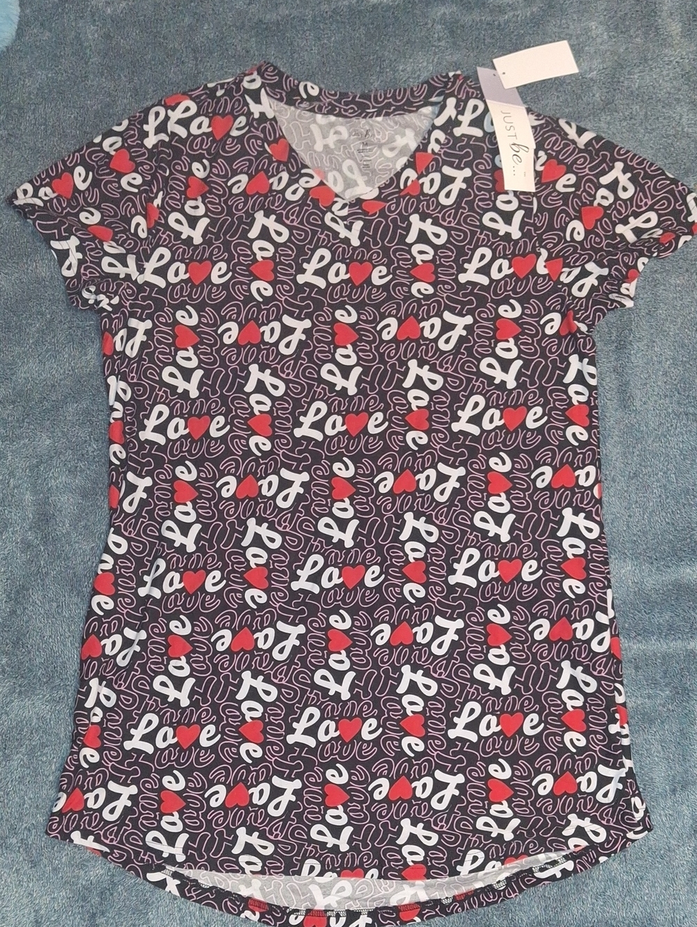 Just Be Love Script Print V-Neck Sleepshirt — Red, White, Black